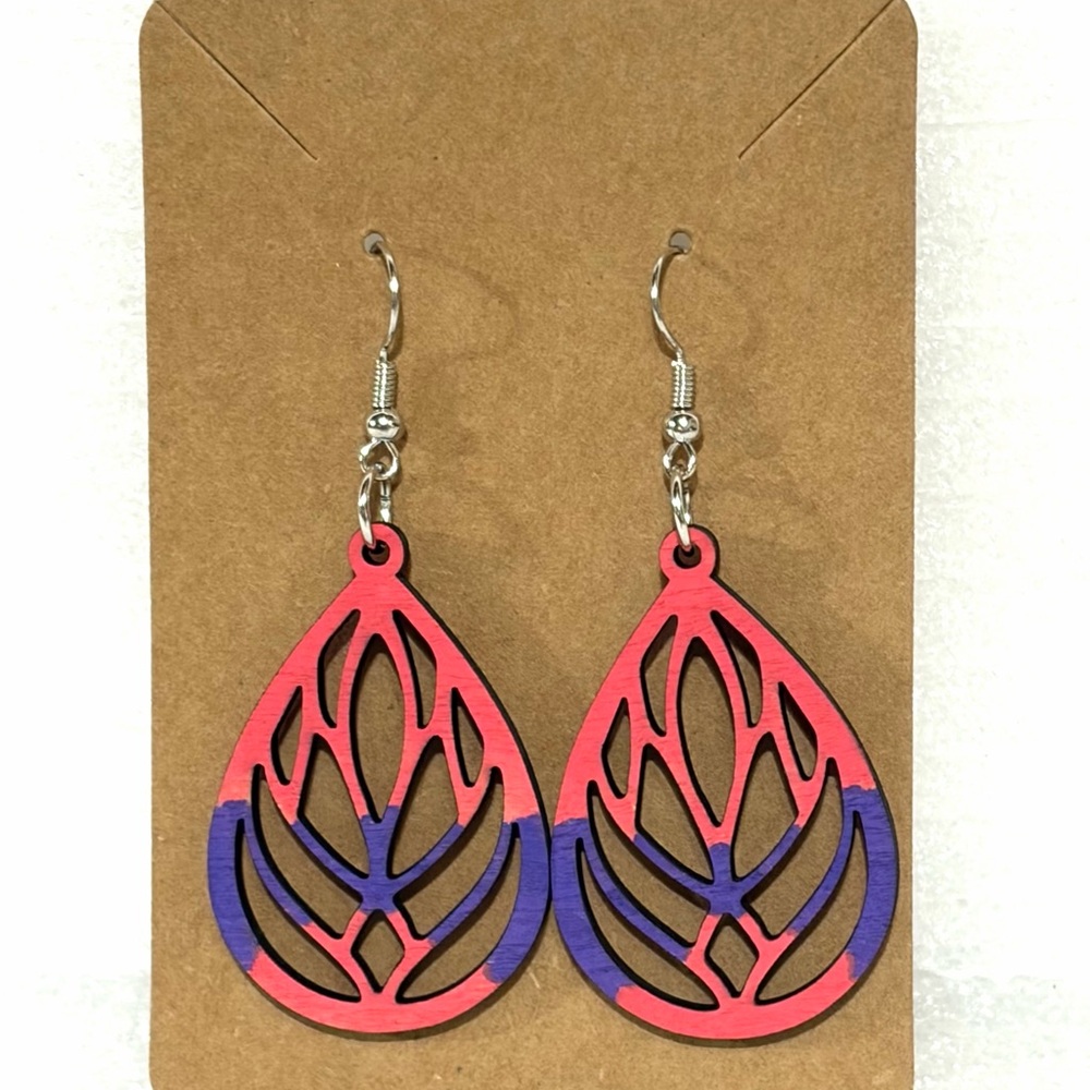Elegant Red and Purple Teardrop Wood Earrings. Hand Crafted - Picture 1 of 1